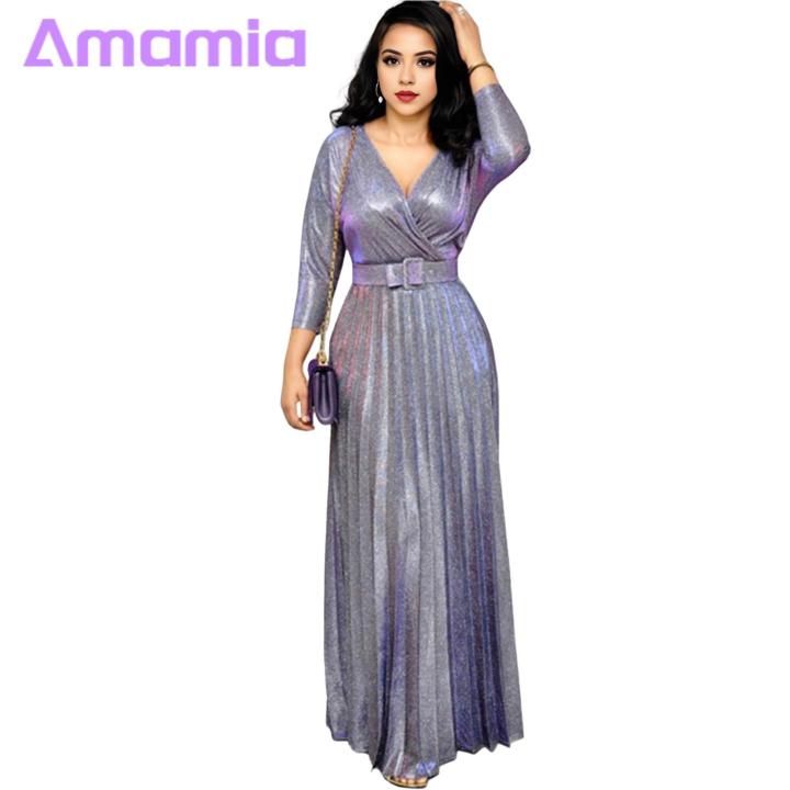 Long-sleeve Belted Dress Shiny V Neck Maxi Dress with Belt Elegant