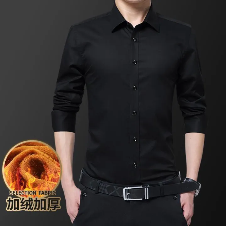 Autumn%20and%20Winter%20Men's%20Thermal%20Shirt%20Fleece-lined%20Thickened%20Long%20Sleeve%20Solid%20Color%20Shirt%20Korean%20Style%20Fashionable%20Top%20Clothes%20White%20Men's%20Clothing%20-%20Image%202