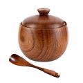 【BestGO】Natural Wooden Salt Cellar Box Spice Jar Sugar Bowl Pepper Box Salt Seasoning Container Storage Box with Lid and Spoon Kitchen Tool Salt Holder Keeper. 