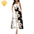 Casual Long Dress Boho Print Maxi Dress with Pockets Sleeveless A-line Summer Dress for Women Round Neck Backless Ankle Length Long Dress. 