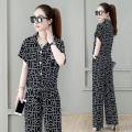 One-Piece/Set 2023Summer New Fashion Slimming Short-Sleeved Printed Top Wide-Leg Pants Casual Two-Piece Suit Women. 