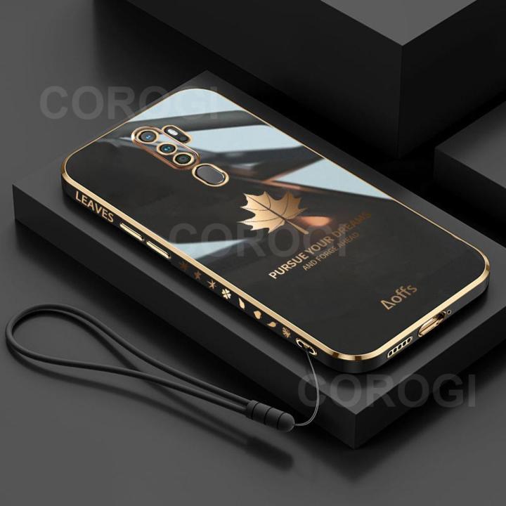 For OPPO A9 2020 / OPPO A5 2020 Back Cover with Lanyard Luxury Shiny Plating Maple Leaf Camera Lens Protection Square Edge Bumper Soft Silicone Protective Phone Case