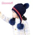 Kids Beanie Hat with Faux Fur Balls Cozy Winter Kids Beanie Hat with Three Pompoms Warm Ear Protection for Boys Girls 2-7t Trendy Knitted Hat for Children Baby Accessories Babies Fleece-lined Hat. 