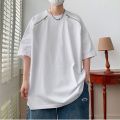 American Retro Double Zipper Short Sleeve T Men's Shirt Summer Hong Kong Style All-Match Loose High Street round Neck Half-Sleeve Top. 