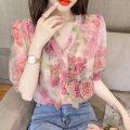 Bohemian V-neck Floral Shirt Women's Summer 2025 New Foreign Style Ruffle Sleeve Casual Chiffon Shirt Top. 