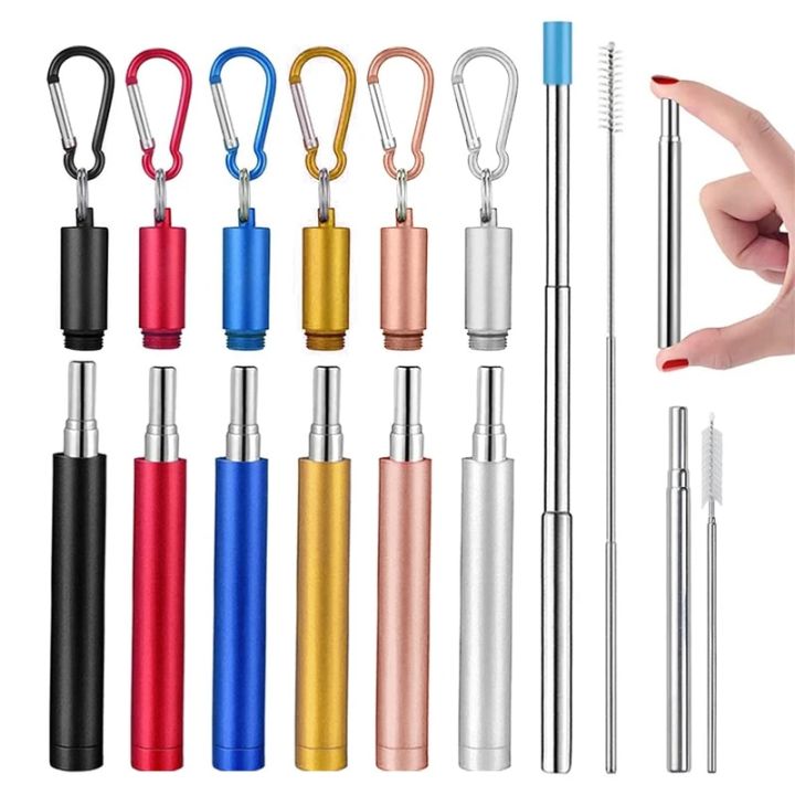 straw Reusable Stainless Steel Metal Telescopic Straw Collapsible Portable Travel Drinking Folding Straw Set with Cleaning Brush CaseParty Supplies