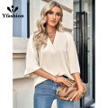 Yfashion Women Fashion Blouses Solid Color V Neck Half Sleeve Shirt Summer Stylish Loose Casual T-shirt Bottoming Top. 
