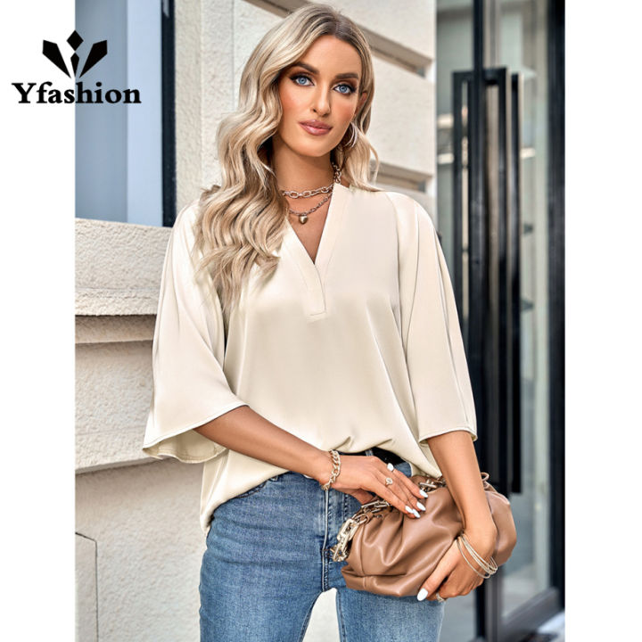 Yfashion Women Fashion Blouses Solid Color V Neck Half Sleeve Shirt Summer Stylish Loose Casual T-shirt Bottoming Top