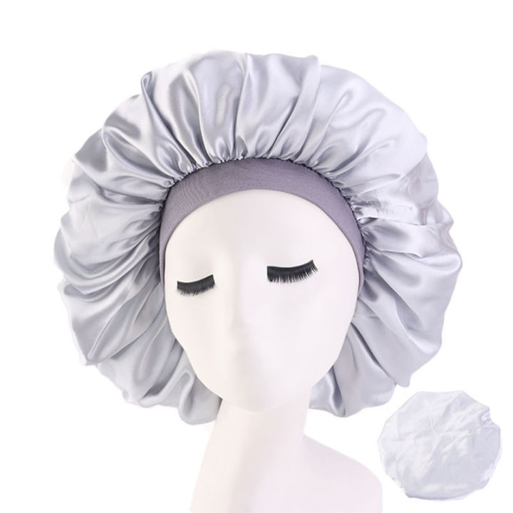 Large Night Sleeping Cap Hair Bonnet Hat Head Cover Satin Wide Band Adjust Caps Jessica