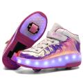 【BestGO】New Fashion USB Charge Colorful LED Children Kids Fashion Sneakers with Two Wheels Roller Skate Shoes Boys Girls Shoes Blue Pink Size 29-40. 