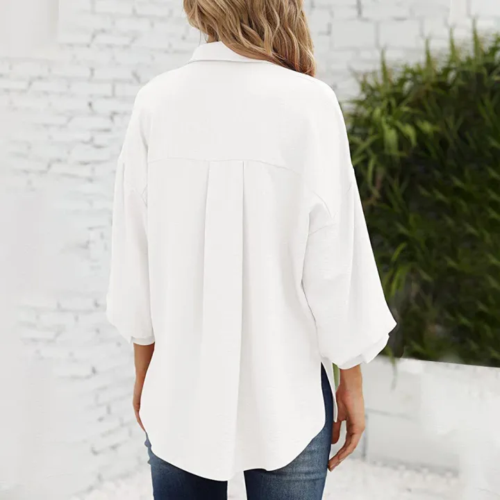 Women%20Casual%20Button%20Down%20Blouses%203/4%20Sleeve%20Lapel%20Irregular%20T-shirt%20v%20Neck%20Loose%20Solid%20Color%20Cardigan%20Tops%20-%20Image%206