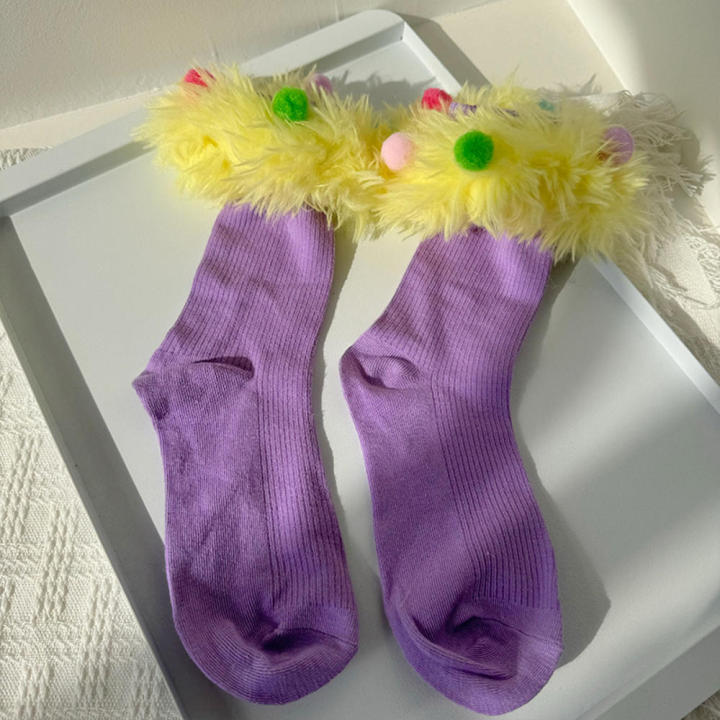 Girl Socks Candy Colored Socks Plush Ball Socks Middle Tube Socks Fluffy Fur Socks