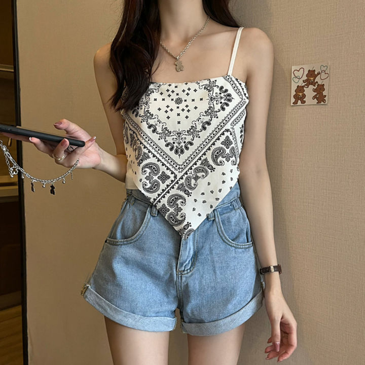 bellylady Women Cotton Spaghetti Strap Tank Tops Sexy Sleeveless Retro Printing Slim Fit Vest For Party Club