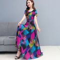 bellylady Women Cotton Casual Dress Floral Pattern Round Neck ing Short-sleeve A-line Long Dress. 