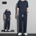 Ice Silk Sports Suit Men's Summer Thin Short-Sleeved T Shirt Quick-Drying Casual Long Pants Wear Half Sleeve Clothes Sets. 