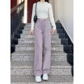 Distressed Purple Straight Jeans Women's Spring High Waist Loose Students Slimming Design Drape Wide Leg Mop Pants. 