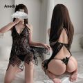 Anedshaop lingerie European and American sexy uniform lace see-through New suspender skirt suit deep V busty backless pearl pajamas. 