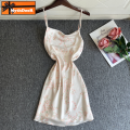 SYQ Printed erogenous Charming Sling Nightgown Women's Summer Sweet V-neck Ice Silk High-end Backless Pajamas Home Clothes. 