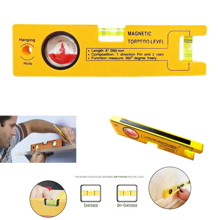 8-inch Magnetic Torpedo Level with 1 Direction Pin, 2 Vials and 360 Degree View