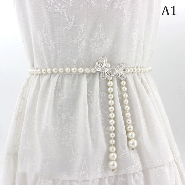 Sweet Bowknot Dress Pearl Waist Chain Rhinestone Belts For Women