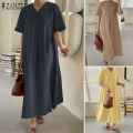 【WEJA】Korean Style Women's Dresses Casual Short Sleeve V-Neck Loose Pleated A-Line Midi Sundress #8. 