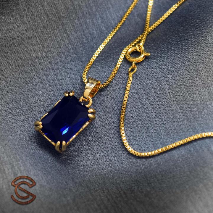 22KT gold plated Box Chain with CZ rectangle Dark Blue stone eye catching rare chain pendent