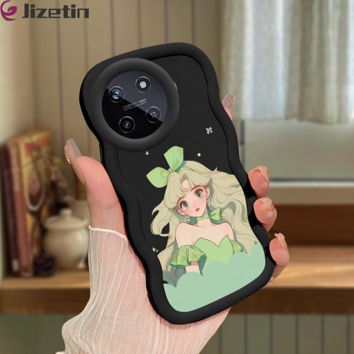 Jizetin for Realme C11 C15 C21Y C25Y C20A C2 C3 Realme 2 5i 5S 6i 9i 11 12 Pro+ OPPO A1K F9 Pro Back Cover Green Fairy Princess Pattern Macaron Bright Color Wavy Shape Soft Mobile Phone Cases
