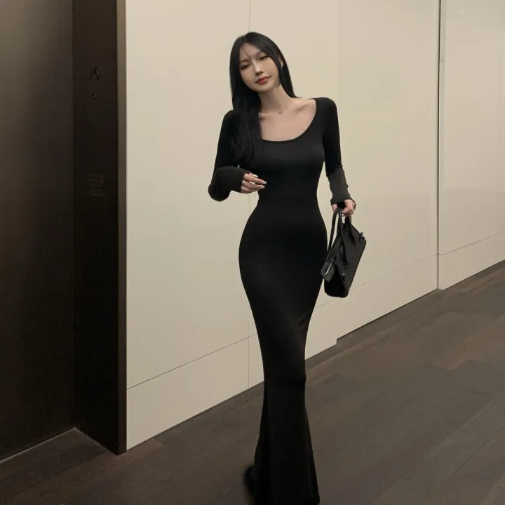 Hot%20Girl%20Pure%20Desire%20Long%20Sleeve%20Dress%20Women's%20Autumn%202024%20New%20Brown%20Base%20Dress%20Slim%20Fishtail%20Hip%20Skirt%20-%20Image%204