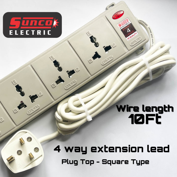 Sunco 4 Way Extension Wire Cord 10ft /Multi Plug,Trailing Socket,Wire Code (5A),Square plug