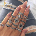 Eancolor  15/PCS Set Retro Silver Open Rings Geometric Black Gemstone Set Rings For Girls. 