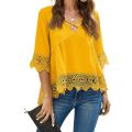 Ladies Yellow Lace Blouse Women's Floral Print Long Sleeve Button up Shirt. 