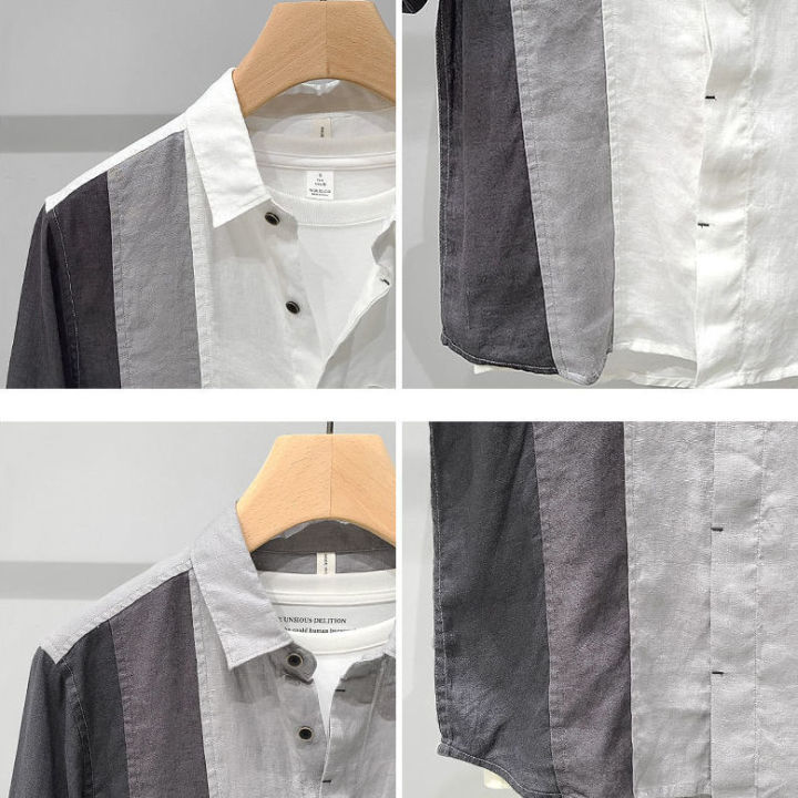 Patchwork%20Assorted%20Colors%20Pocket%20Linen%20Three-Quarter%20Sleeve%20Shirt%20Men's%20Special-Interest%20Design%20Summer%20Thin%20Ruan%20Shuai%20Youth%20Korean%20Shirt%20-%20Image%207