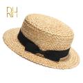 【ComfyCrossing】Summer Female Natural Stiff Wheat Straw Boater Fedora Top Flat Hat Women Beach Flat Brim Cap With Red Navy Stripe Ribbon RH. 