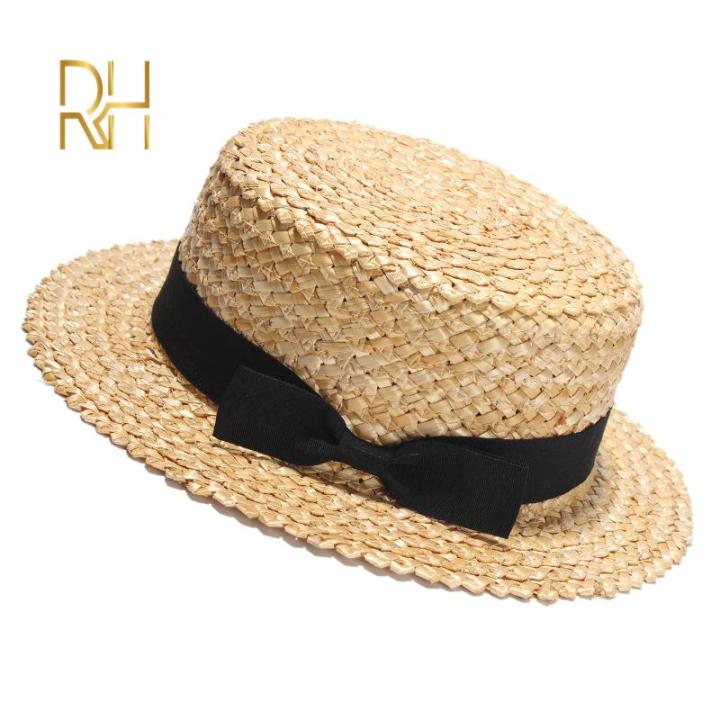 %E3%80%90ComfyCrossing%E3%80%91Summer%20Female%20Natural%20Stiff%20Wheat%20Straw%20Boater%20Fedora%20Top%20Flat%20Hat%20Women%20Beach%20Flat%20Brim%20Cap%20With%20Red%20Navy%20Stripe%20Ribbon%20RH%20-%20Image%205