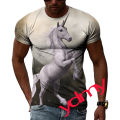 Tide Fashion Summe White Horse Picture Men's T-shirt Casual Print Tees Hip Hop Personality Round Neck Short Sleev Tops. 