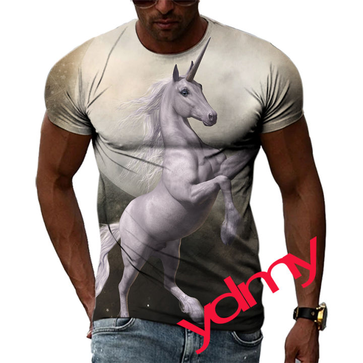 Tide%20Fashion%20Summe%20White%20Horse%20Picture%20Men's%20T-shirt%20Casual%20Print%20Tees%20Hip%20Hop%20Personality%20Round%20Neck%20Short%20Sleev%20Tops%20-%20Image%204