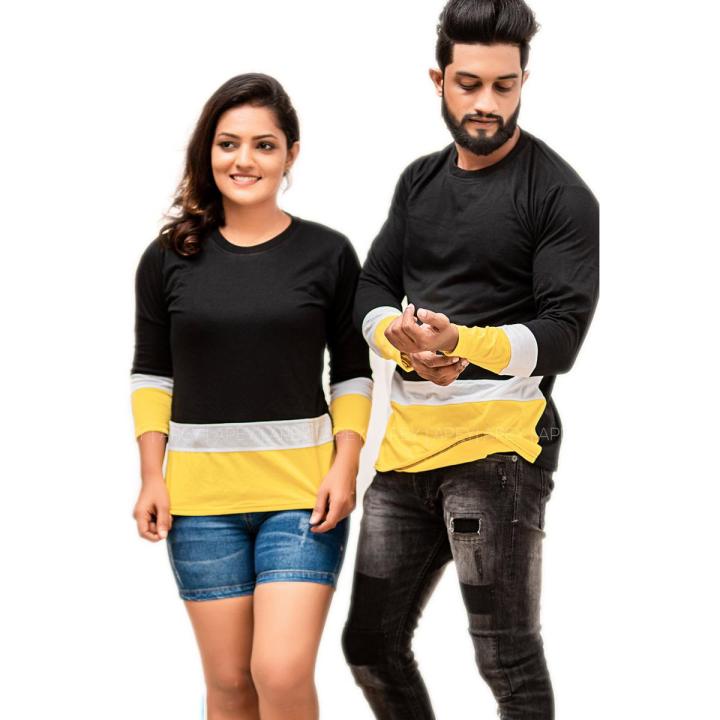 Black & White Yellow Bottom Line Long Sleeve Couple T shirts | AS539 , t shirt for men, t shirt for girls