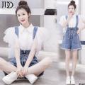 2023 Women's Two-Piece Shorts Korean Style Denim Brace Shirt Summer Nipped-Waist New Suit Age-Reducing Super Fairy Yarn Sleeve Thin. 