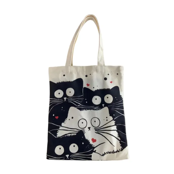 【ALLGOOD】Andeiltech Canvas Tote Bag for Women Aesthetic Cute Cat Shopping Grocery Reusable School with Inner Zipper Girl Gift
