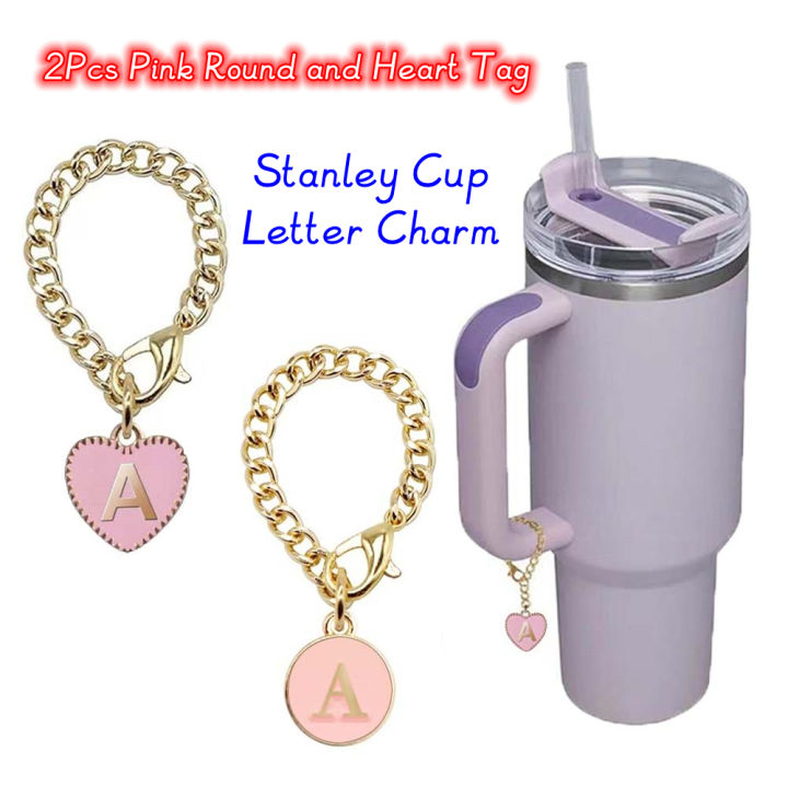 New 2pcs Letter Charm Accessories Pink Heart Shaped Personalized Name Id Handle Initial Charms Tag For Stanley Cup Tumbler