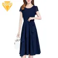Elegant Midi Dress Summer Lace-up A-line Midi Dress for Women Elegant O-neck Short Sleeve Streetwear. 