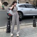100% Casual Fashion Set Women's Summer Design Slimming Irregular Short Sleeve Cardigan Top Wide Leg Pants Two-Piece Set. 