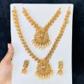 Dull gold color big double necklace with one pair earring fashion jewelry set with gold stone for girl and women. 
