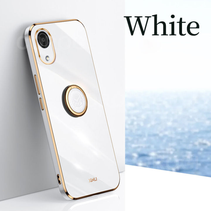 For Samsung Galaxy A03 Core Back Cover with Ring Holder Stand Plating Square Bumper Protective Case Camera Lens Protection Soft Silicone Shockproof Mobile Phone Cases