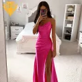 Women Pleated Satin Gown Elegant V Neck Satin Evening Dress with High Split Perfect for Prom Parties Lightweight Fabric Gown. 