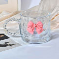 Handle Glass Mug Pink Bow Transparent Water Cup Flower Tea Cup Coffee Cup Portable  Drinking Cup Queena. 