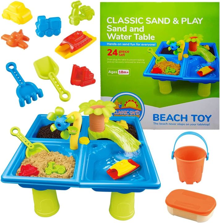 Classic Sand & Play Kids Sand and Water Table, 24-Piece Set, Fun Activity Center for Toddlers with Plastic Molds, Scoop, Waterfall and Leak-Free Tray, Practical Early Learning Beach Toy for Kids