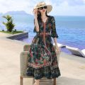 Printed Chiffon Dress All-Matching Women 2023 Summer New Bell Sleeve Ethnic Style Fashion High Quality Large Swing Skirt. 