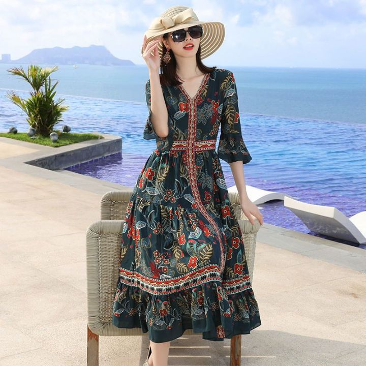 Printed%20Chiffon%20Dress%20All-Matching%20Women%202023%20Summer%20New%20Bell%20Sleeve%20Ethnic%20Style%20Fashion%20High%20Quality%20Large%20Swing%20Skirt%20-%20Image%206
