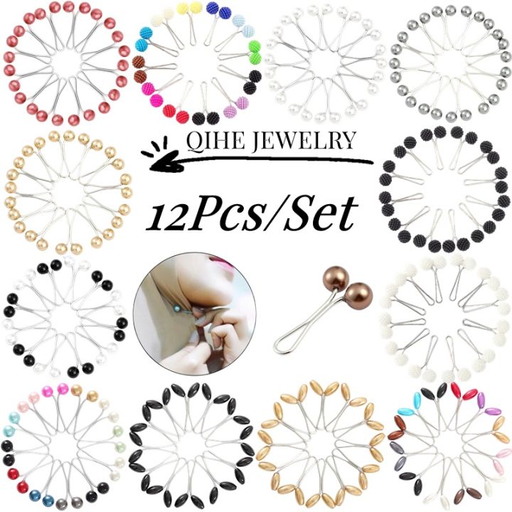 12 Pieces/set Women's Scarf Hijab Clip Brooch Pearl Brooch Fixed Hijab Gift for Friends Clothing Accessories Jewelry